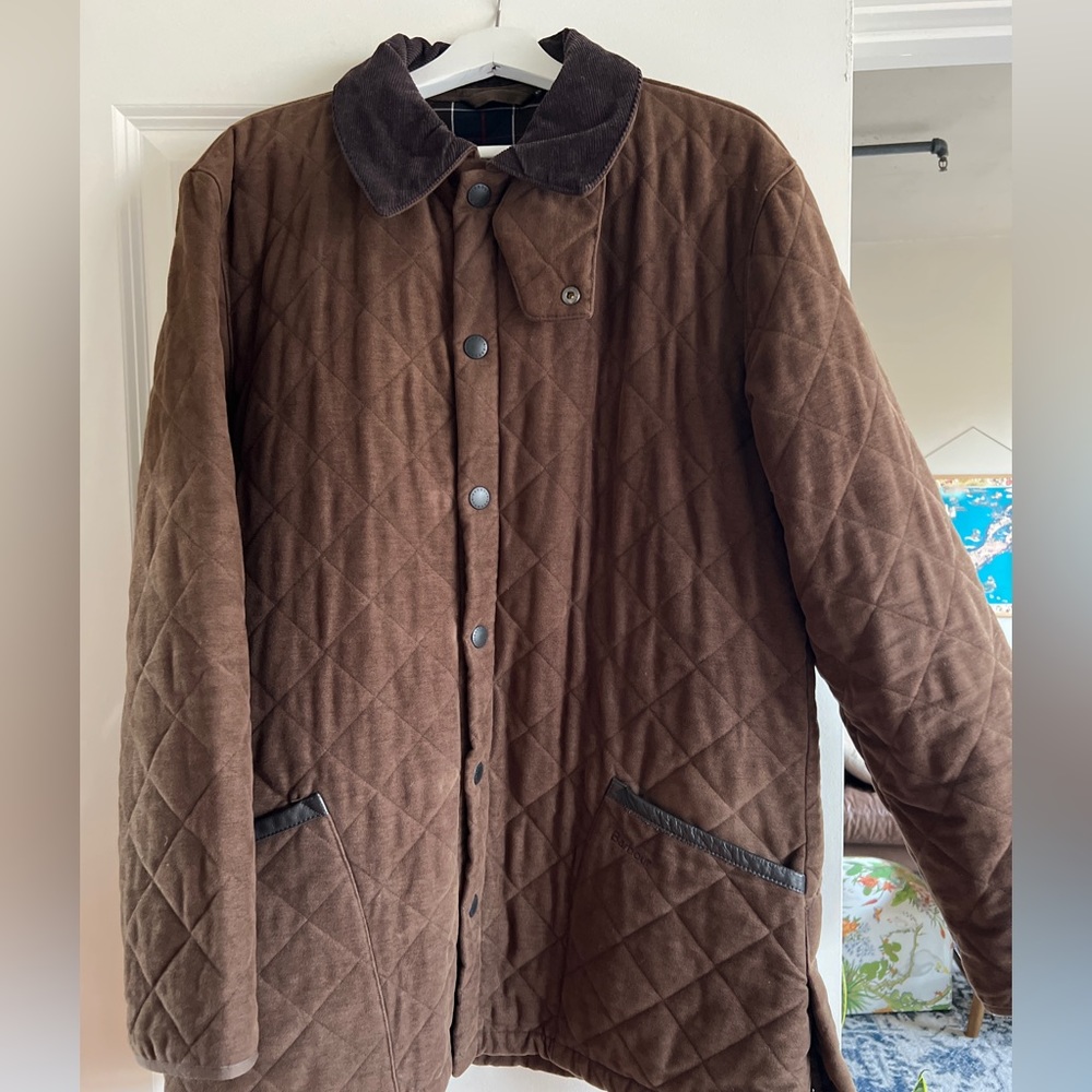Barbour Moleskine Coat with Leather Trim, Tartan Lining